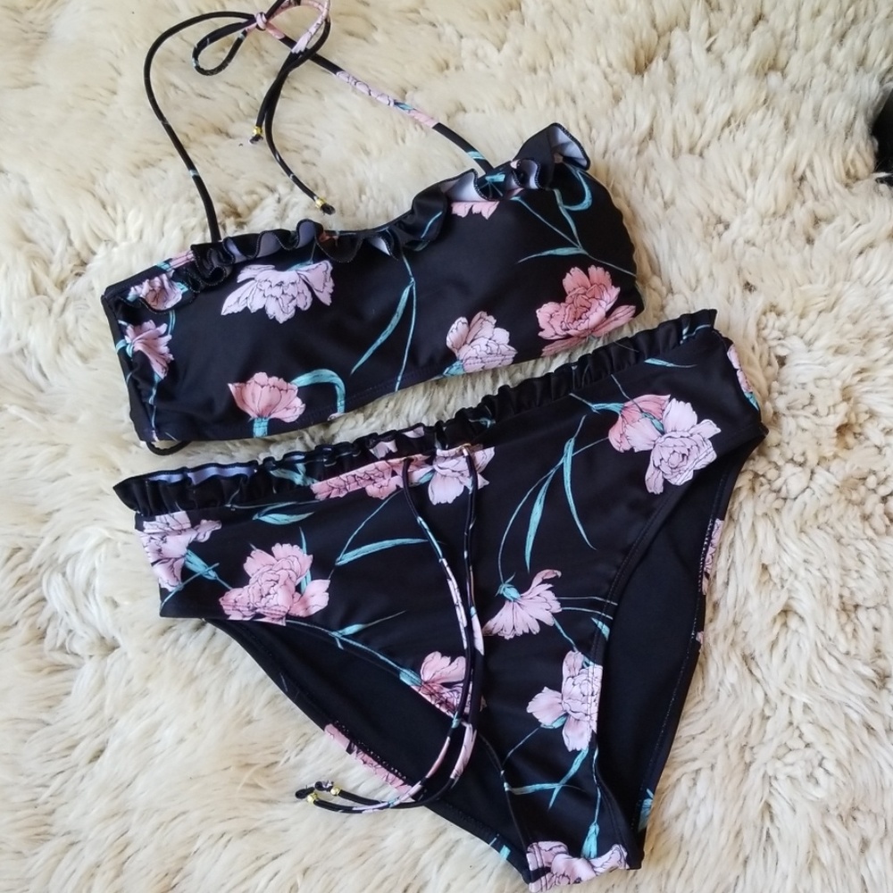 Blu C High Waisted Ruffled Rose Bikini Set